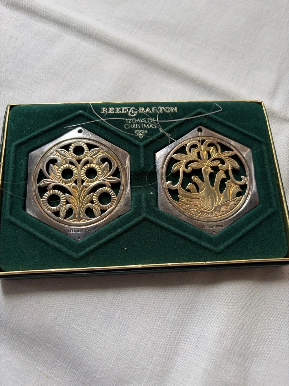 Reed & Barton Gold and Silver Filigree Holiday Ornament Duo